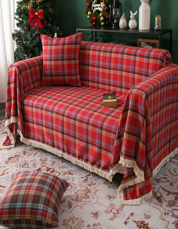 Red Christmas Plaid Tassel Sofa Cover