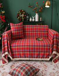 Red Christmas Plaid Tassel Sofa Cover