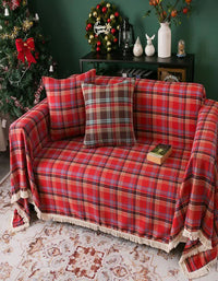 Red Christmas Plaid Tassel Sofa Cover