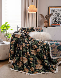 Soft Knitted Floral Jacquard Fringed Blanket