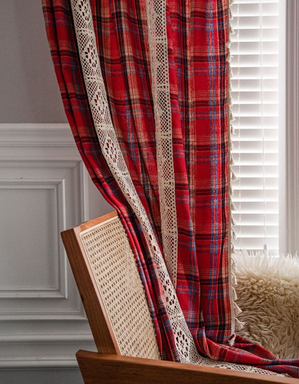 Red Plaid Patchwork Hollow Lace Curtains