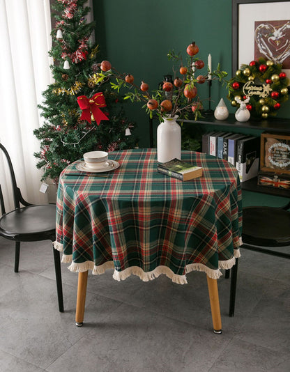 Nappe de table verte de Noël à carreaux et pompons