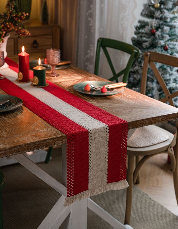 Christmas Atmosphere Striped Splicing Woven Tassel Table Runner