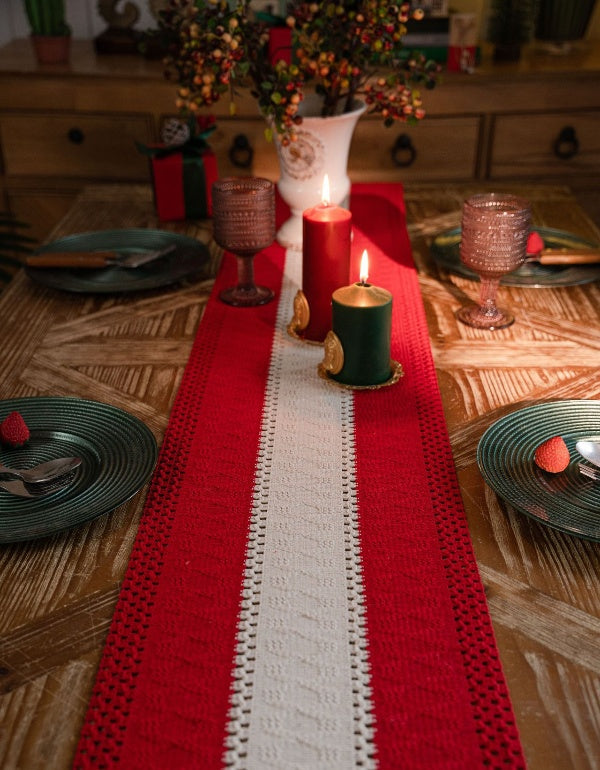 Christmas Atmosphere Striped Splicing Woven Tassel Table Runner