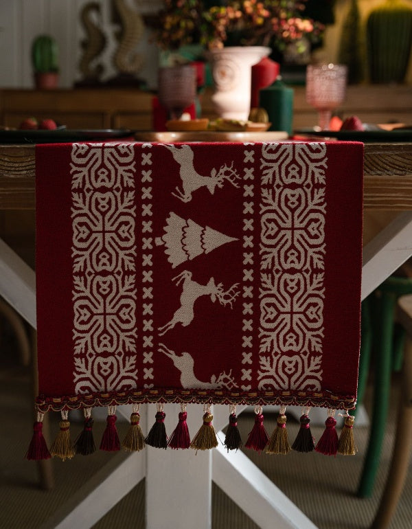 Christmas Elk Red Jacquard Table Flag
