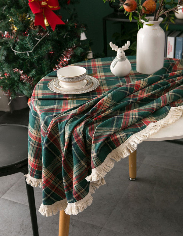 Christmas Green Table Cloth Plaid Tassel
