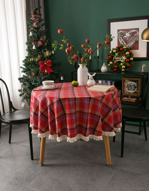 Christmas Red Table Cloth Plaid Tassel