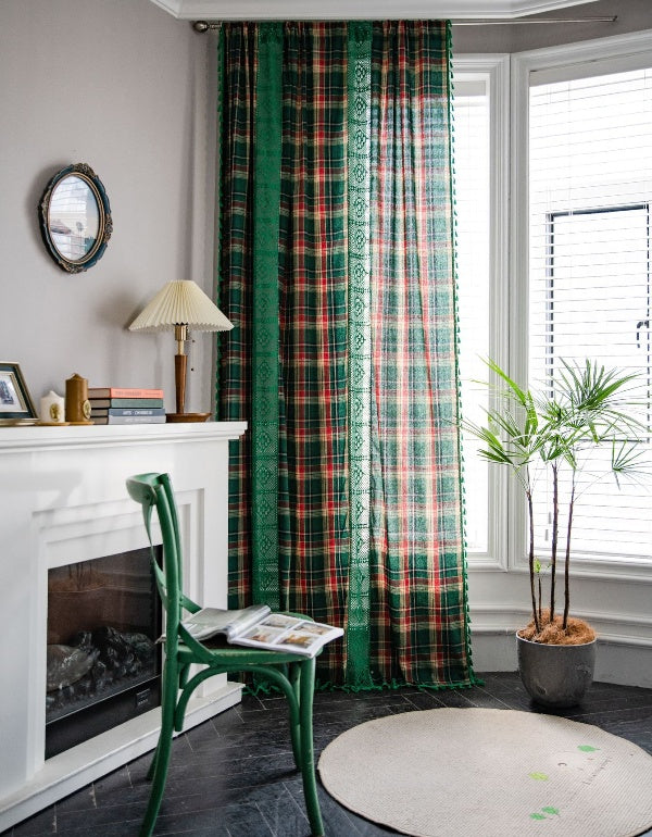 Green Plaid Patchwork Hollow Lace Curtains