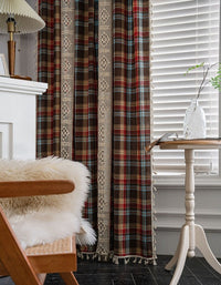 Red Coffee Plaid Patchwork Hollow Lace Curtains