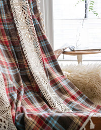 Red Coffee Plaid Patchwork Hollow Lace Curtains