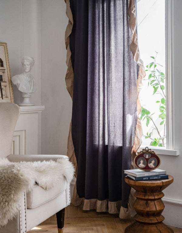 Ruffled Contrast Gray French Semi-Blackout Curtains
