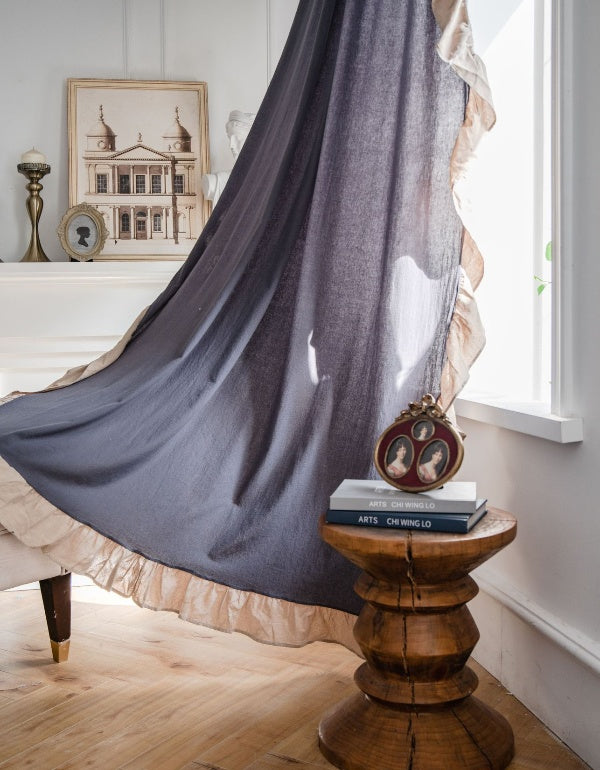 Ruffled Contrast Gray French Semi-Blackout Curtains
