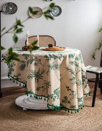 Green Pine Branch Print Tassel Round Tablecloth