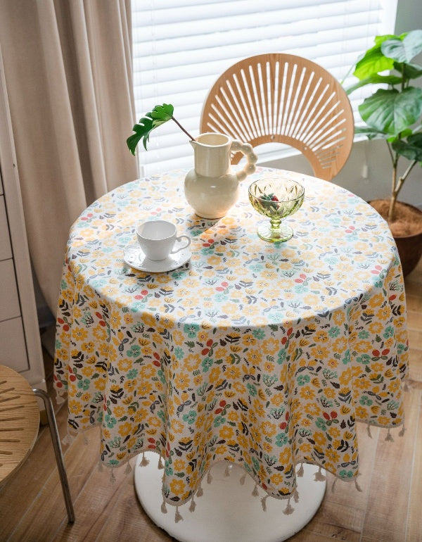 Floral Striped Retro Print Tassel Round Table Cloth