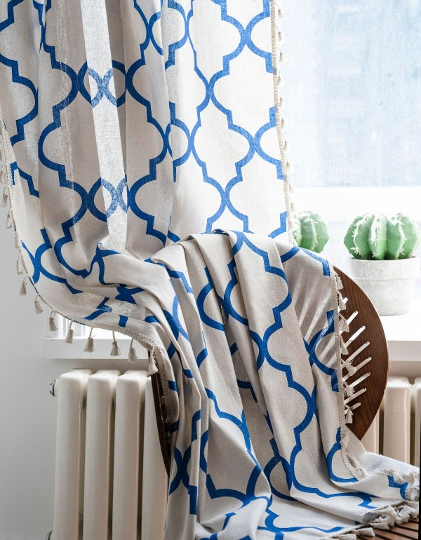 Blue Rhombus Printed Tassel Curtains