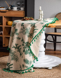 Green Pine Branch Print Tassel Round Tablecloth