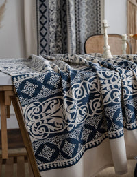 Printed Blue And White Porcelain Vintage Tablecloth