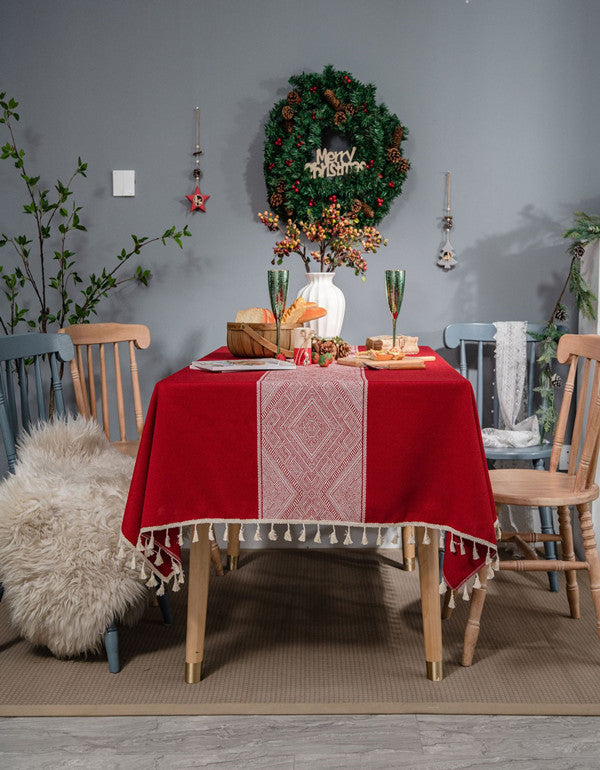 Rhombic Jacquard Bright Red Tablecloth