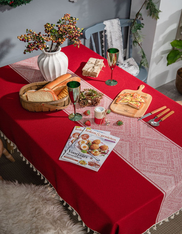 Rhombic Jacquard Bright Red Tablecloth