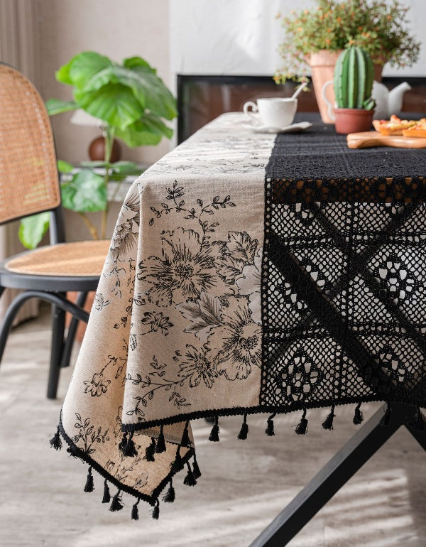 Black Rose Contrasting Hollow Stitching Small Fresh Tablecloth