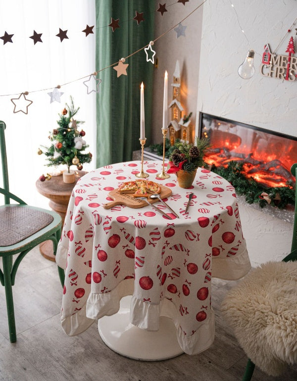 Candy Red Ruffle Printed Christmas Table Cloth