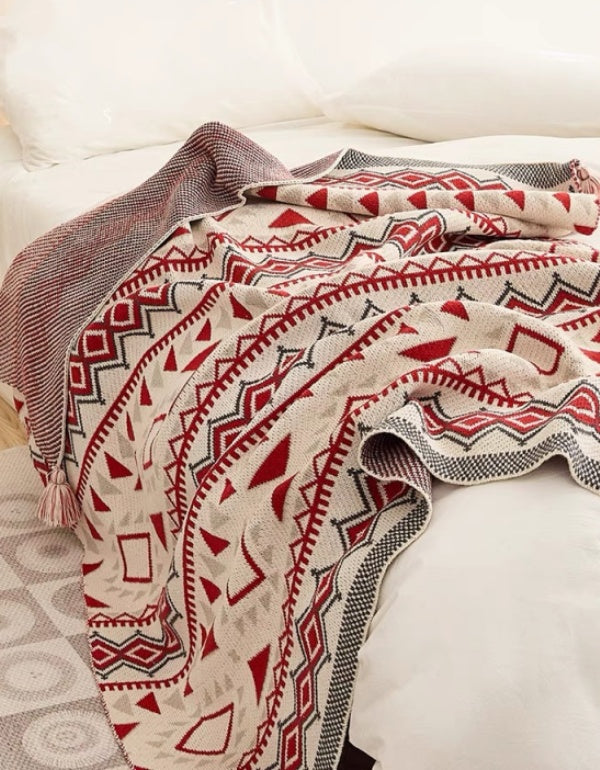 Bohemian Geometric Red Knitted Blanket