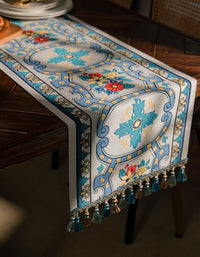 Jacquard Blue Contrast Color Fabric Tassel Table Runner