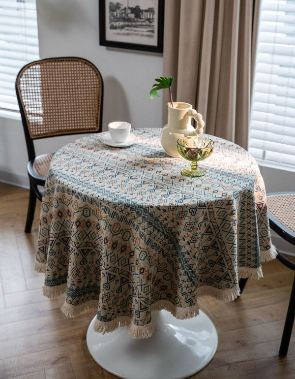 Jacquard Geometric Contrast Color Round Thick Table Cloth