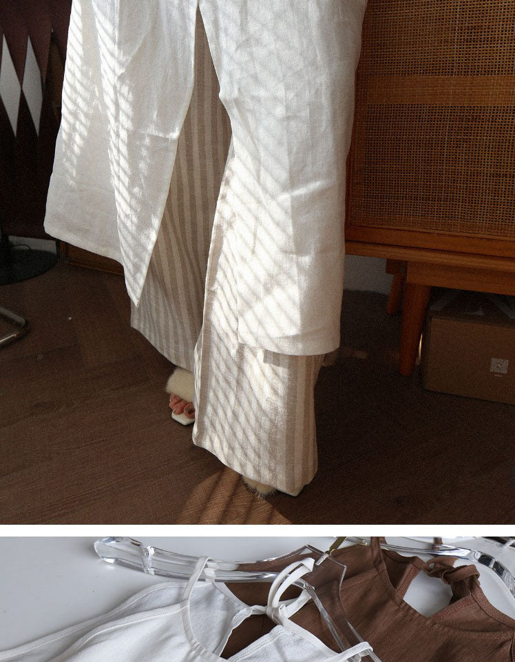 Summer Linen Front Slit Neck Suspender Dress