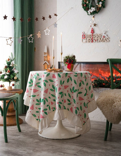 Love-Shaped Green East Leaf Ruffle Print Festive Tablecloth