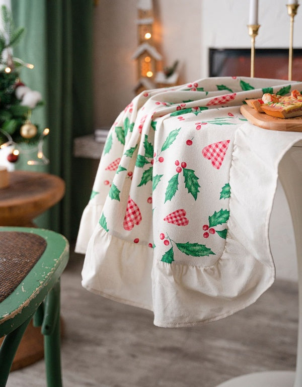 Love-Shaped Green East Leaf Ruffle Print Festive Tablecloth