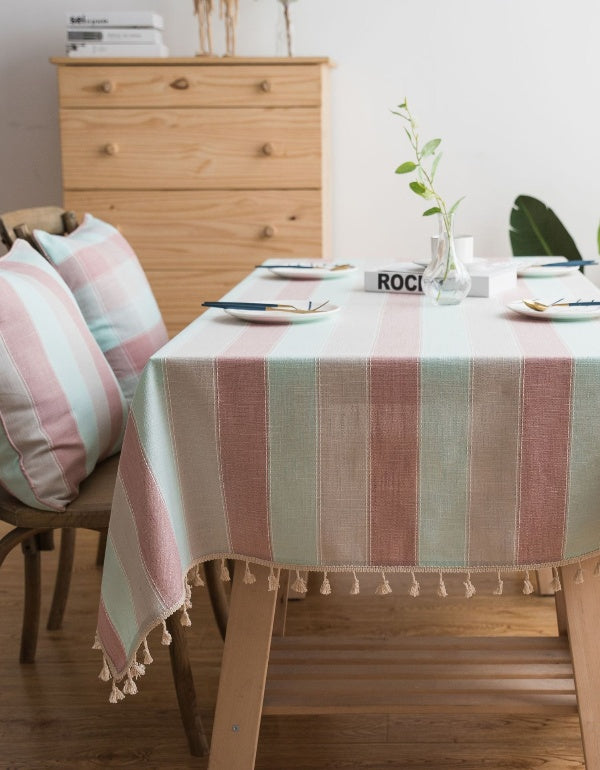 Pink Wide Stripe Waterproof Simple Table Cloth