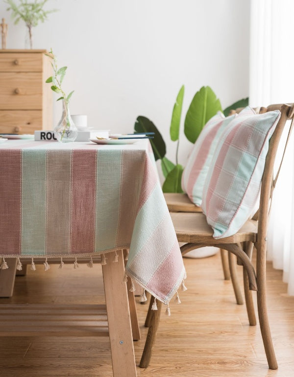 Pink Wide Stripe Waterproof Simple Table Cloth