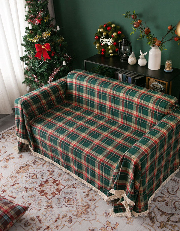 Green Christmas Plaid Tassel Sofa Cover