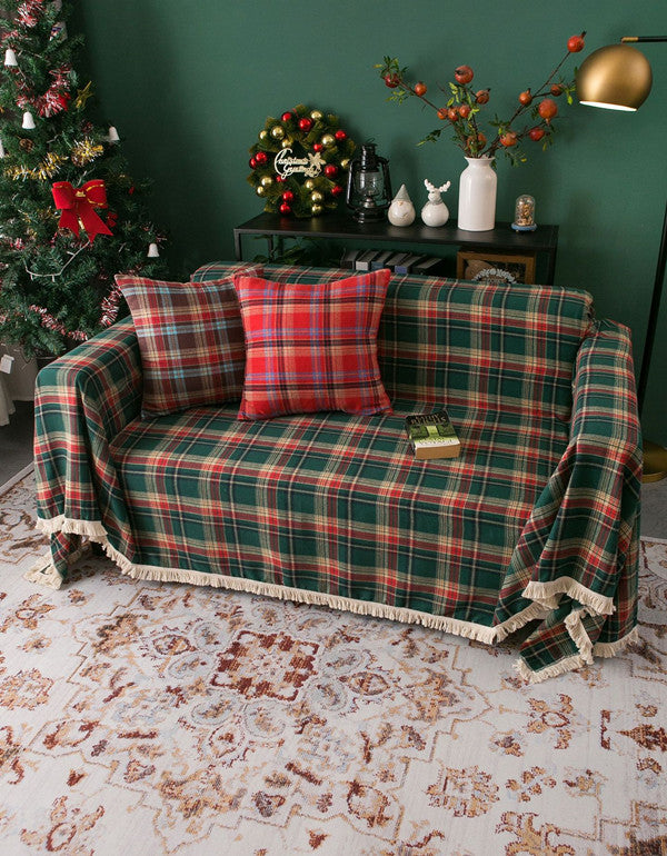 Green Christmas Plaid Tassel Sofa Cover