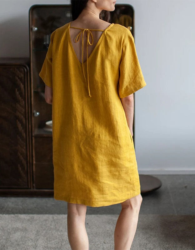 V-back Short Sleeve Linen Dress