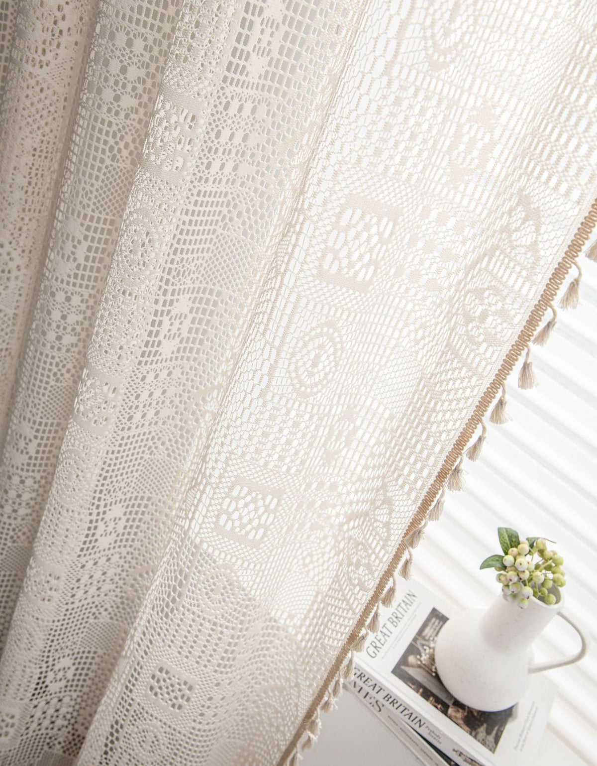Beige Crochet Retro Hollowed Lace Curtains