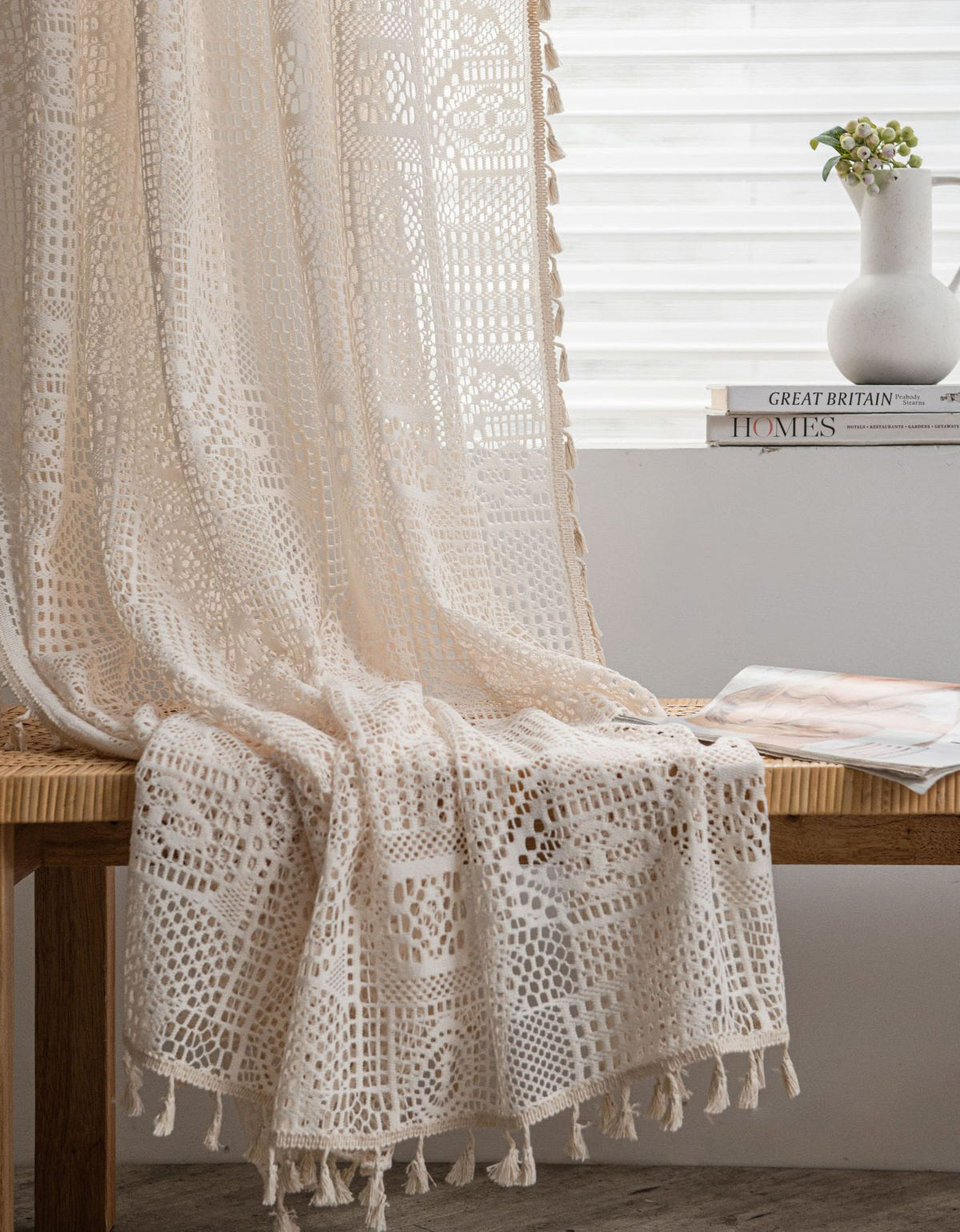 Beige Crochet Retro Hollowed Lace Curtains