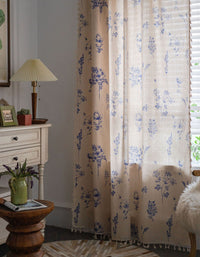 Beige Tassel Edge Blue Flower Printed Curtain