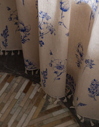 Beige Tassel Edge Blue Flower Printed Curtain