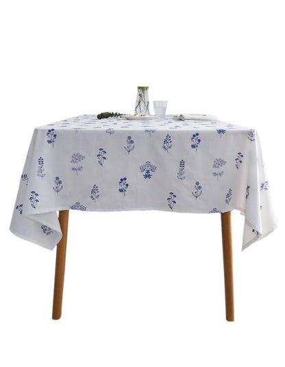 Blue Flowers Embroidery Linen Tablecloth