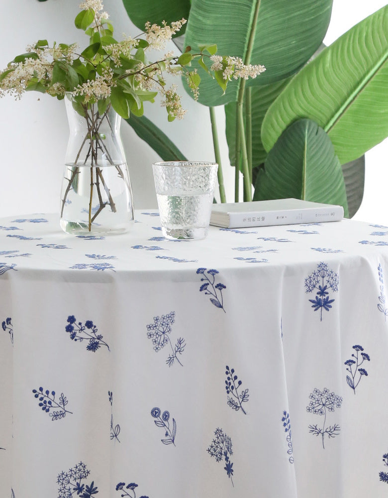Blue Flowers Embroidery Linen Tablecloth