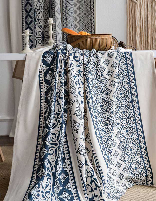 Blue Geometric Pattern Cotton Linen Curtains