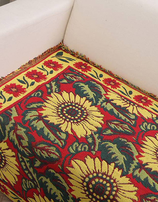 Bohemian Red Sunflower Tassel Knit Bedcover Sofa Blanket