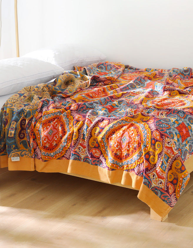Bohemian Reversible Cotton Orange Bedcover Sofa Blanket