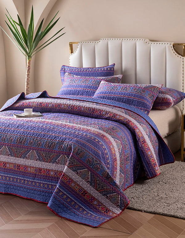 Boho-Style Vibrant Blue and Red Pattern Bedding set (3PCS)