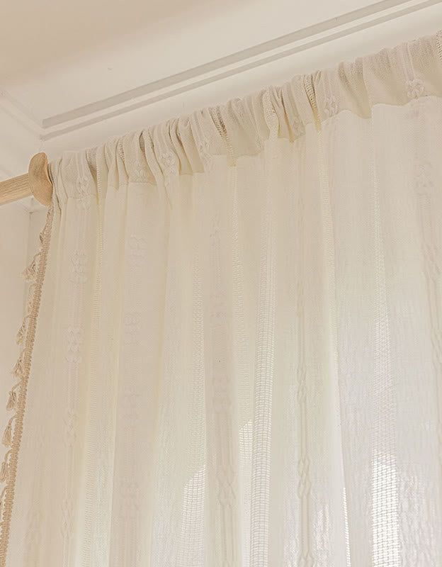 Boho White Hollow-Out Curtain with Tassel Trim