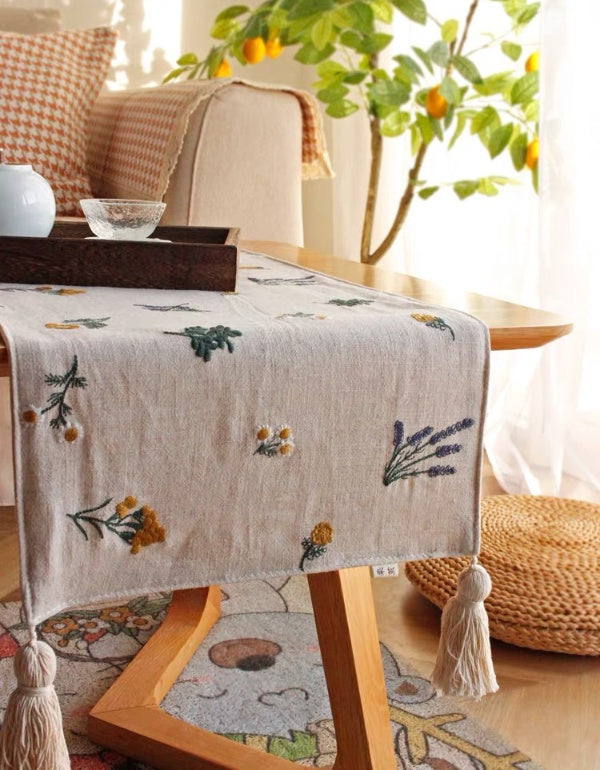 Botanical Floral Embroidery Table Runner