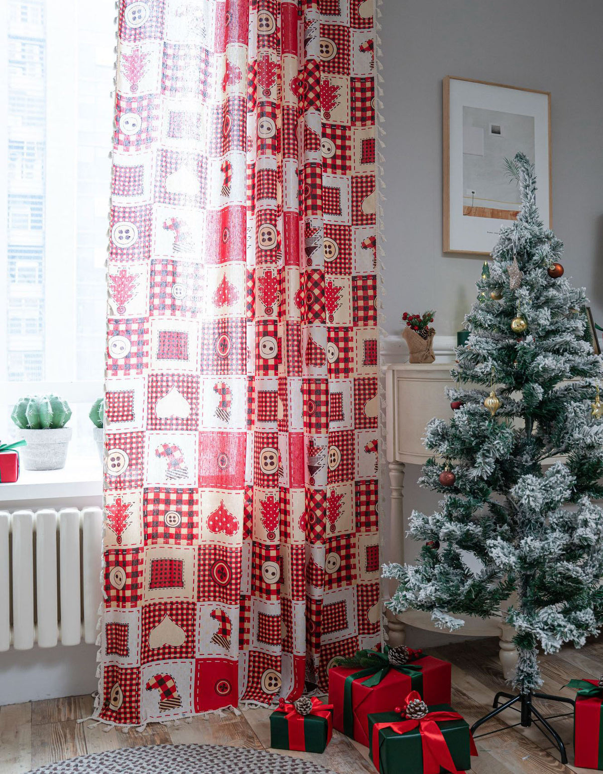 Cortinas de algodón puro de color rojo con estilo navideño