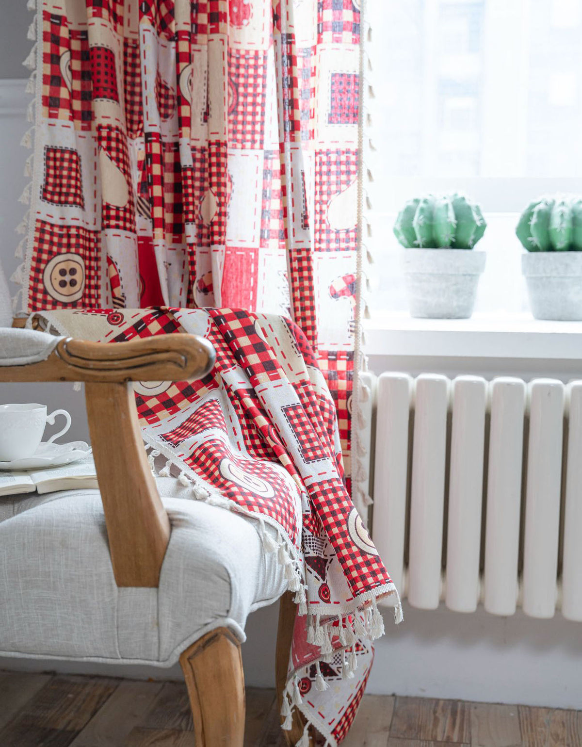 Cortinas de algodón puro de color rojo con estilo navideño